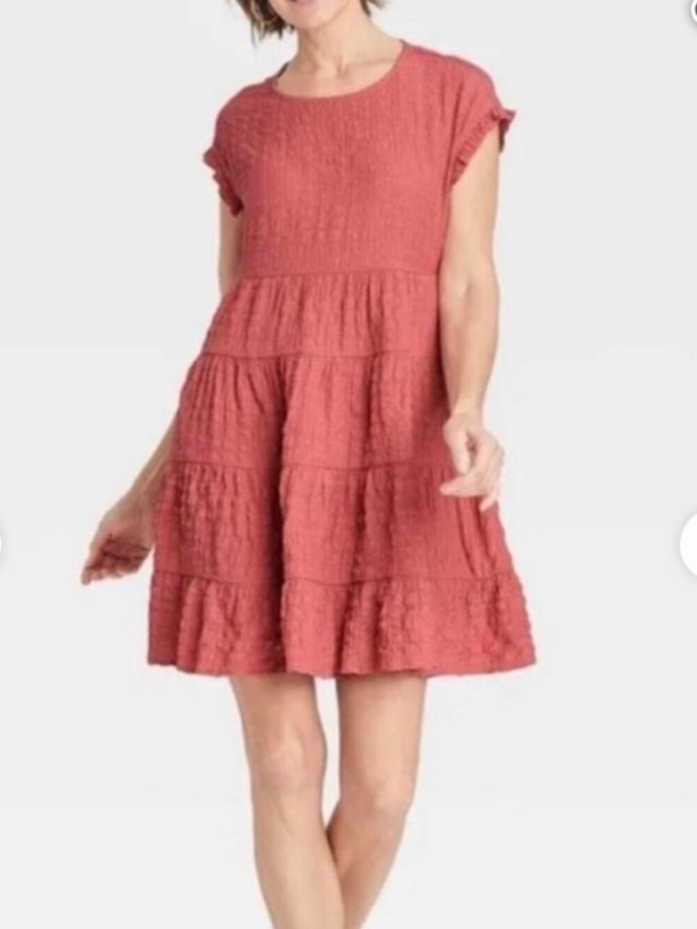Knox Rose Women’s Sz Medium Mini Dress Pink Gauzy Flutter Sleeve Crewneck Tiered